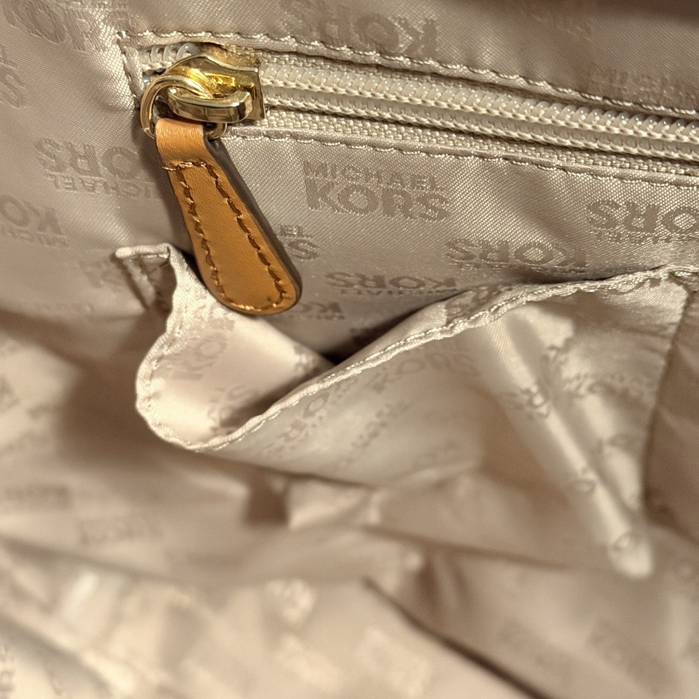 Michael Kors Kempton Lg East West Tote-Navy Blue w/Brown Leather Trim, Gold MK - Picture 8 of 14